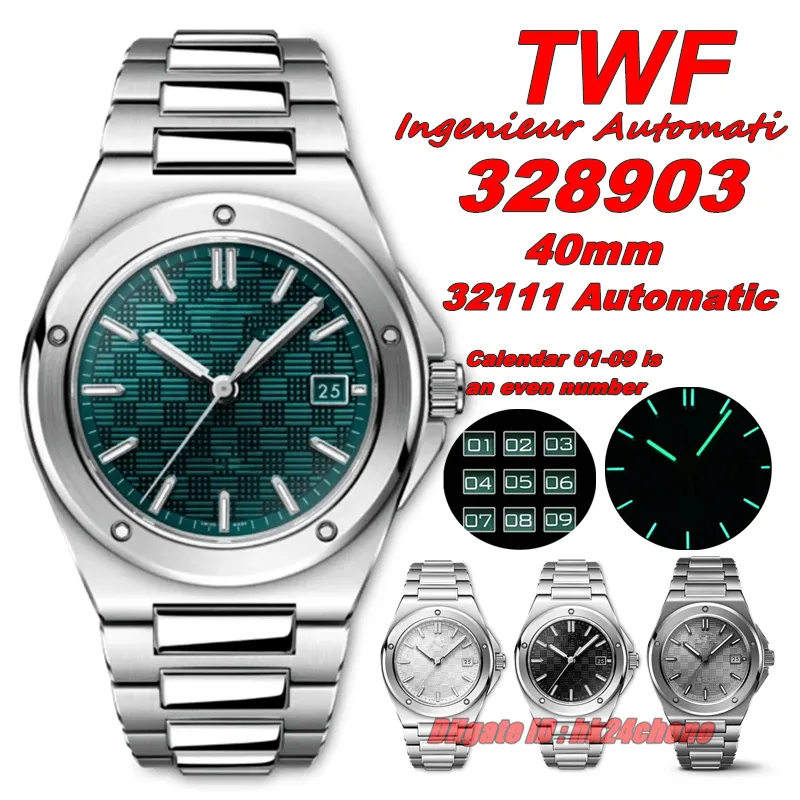 TWF Luxury Watches TW 40mm 328903 Ingenieur 32111自動メンズウォッチサファイアクリスタルグリーンダイヤルステンレススチールブレスレットgents wristwatches