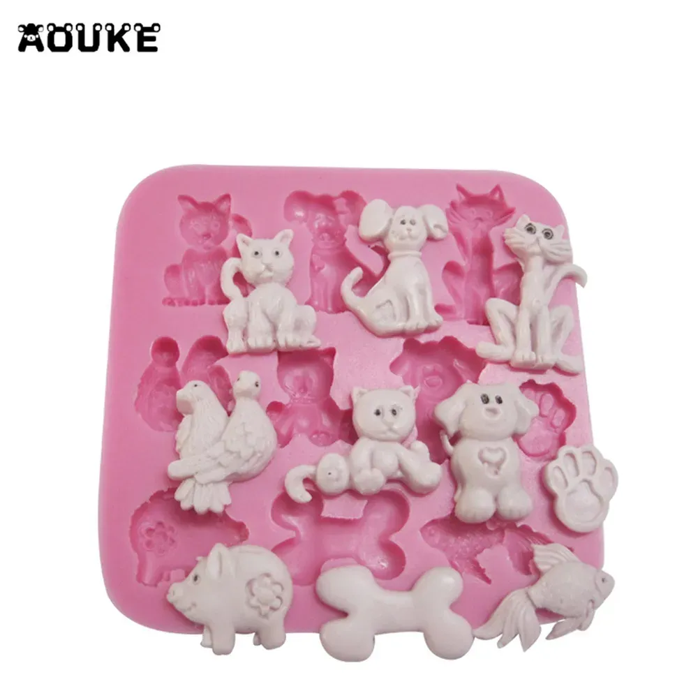 Moulds Cartoon Animals Cats&Dogs&Bone Shape Fondant Cake Silicone Mold Pastry Chocolate Mould Candy Ice Cube Molds DIY Baking Tools