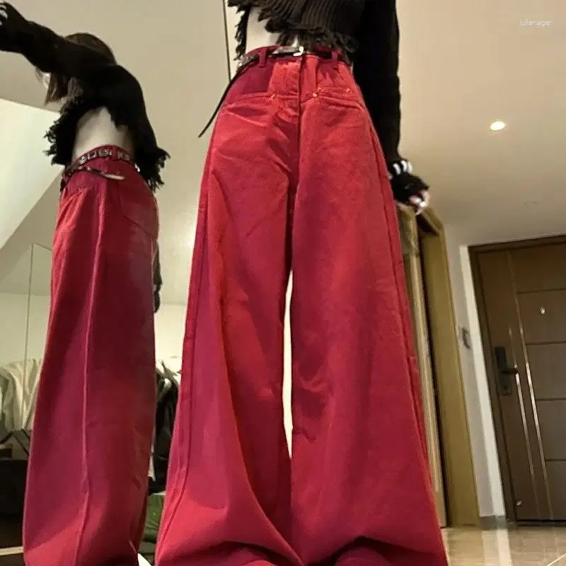 Женские джинсы с высокой талией красные для женщин широкие брюки для ног Y2K уличная одежда повседневная мода с джинсовыми штанами All-Match Hiphop осень 2024