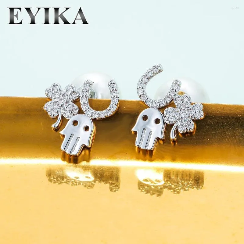 Studörhängen Eyika Design Lucky Clover Palm Pearl Earring Micro Pave Zircon Double Side Pendientes Gold Silver Color Women smycken