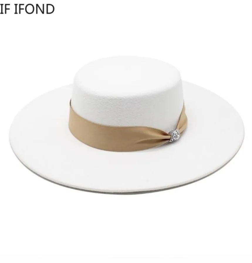 Franse dames witte bownot satijnvilt fedoras hoed vrouwen banket elegante formele feestkleding cap 10 cm brede rand kerk hoed 2205149789143