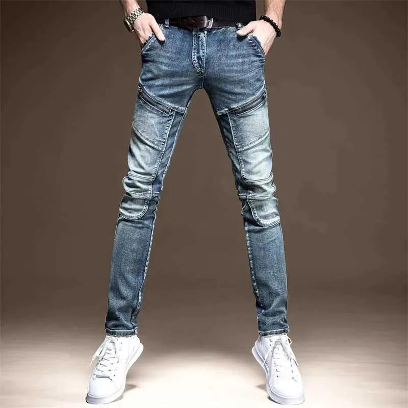 Herren Jeans Spring- und Herbst -Retro -Motorrad -Reißverschluss -Designer Klassiker Ultra Thin Panel Denim Street Clothing 90s Punk Work Mens Hosen Q240427