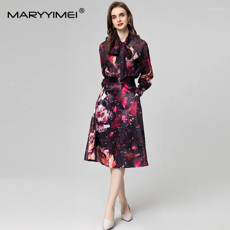 Рабочие платья Maryimei Fashion Women's Vintage Scarf воротник с длинными рукавами однобортная рубашка топ Midi Half Юбка с двумя частями