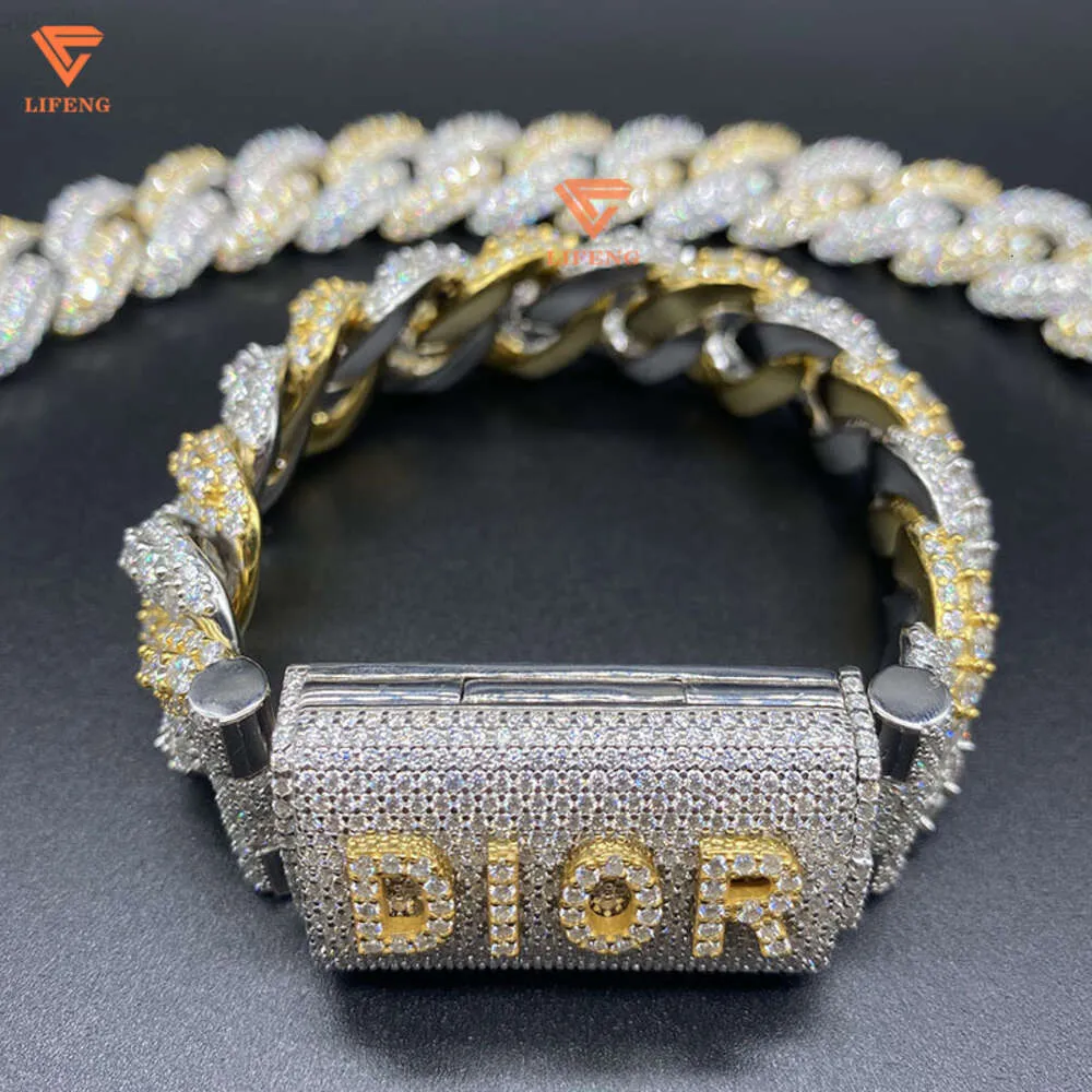 Nom personnalisé Special Clasp Lock Iced Out Moisanite Hip Hop Bracelet cubain diamant à deux tons à deux tons