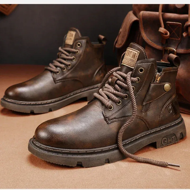 Mens Biker Boot Winter Outdoor Motorcycle Retro Style Leather Boots Man High Top Casual Shoes Trendy Allmatch Wearresistant88 240419