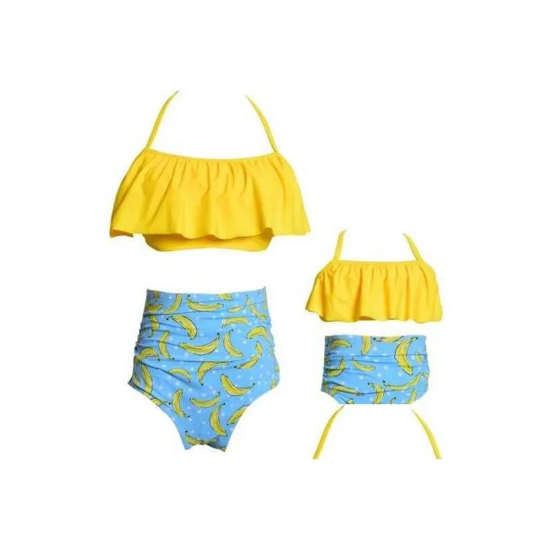 Ensembles de bikinis ensembles de maillots de bain enfants à la taille de Bikini High Bikini Ruffle Mother Daughter Suit Children Girls Lace Up Y Flexible Drop de Ot0m6