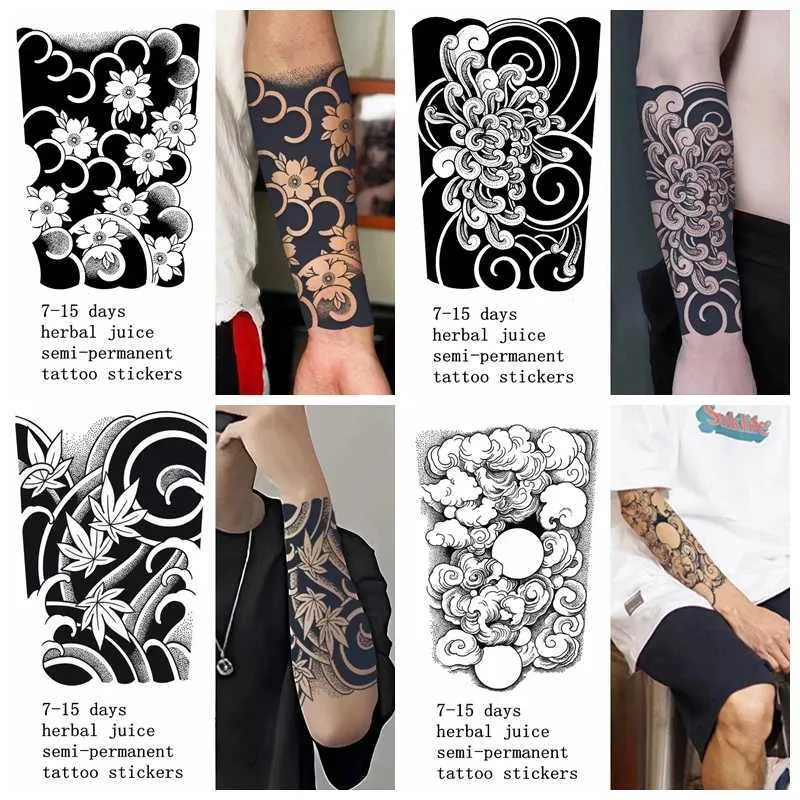 タトゥー転送日本の伝統的なハーフアームハーブジュース一時的なタトゥーステッカーSakura Leaf Lonting Art Fake Tattoo Tattoo Men Men Faux Tatouage 240426