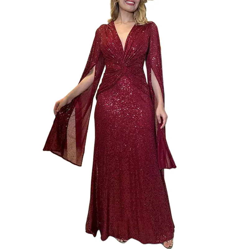 Holiday Party Dress Sexy Formal Solid Sequins Fold V Neck A Line Dresses(Burgundy/M) Holiday Party Dress Sexy Formal Solid Sequins Fold V Neck A Line Dresses(Burgundy/M)
