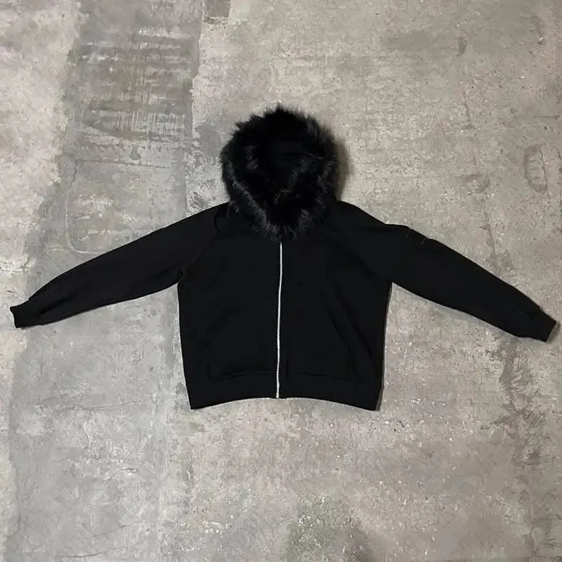 Y2K Faux Fur Zip Up Fur Hoodie Mens With Collar Harajuku Y2K Faux Fur Zip Up Fur Hoodie Mens With Collar Harajuku