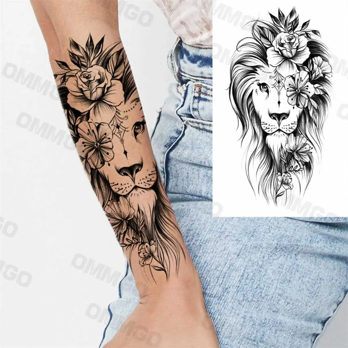 Tattoo Transfer Realistic Lion Rose Flower Temporary Tattoos For Women Adult Girl Compass Skull Fake Tattoo Arm Thigh Body Art Waterproof Tatoos 240426