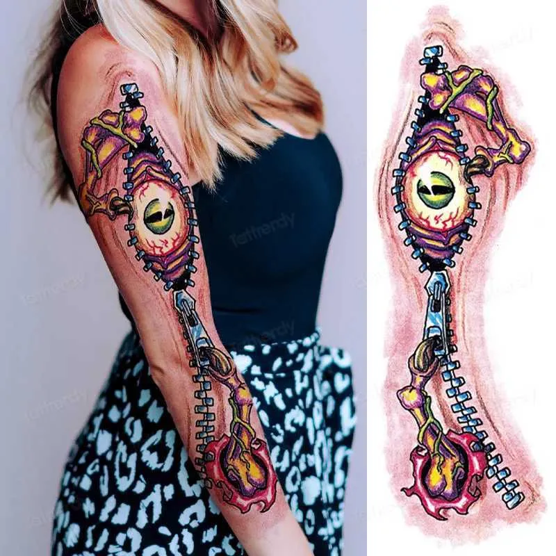 Tattoo Transfer Large Size Temporary Tattoos For Women Adults Realistic Full Arm Sleeve Tattoo Stickers 3D Scar Skull Halloween Tattoos Body Art 240426