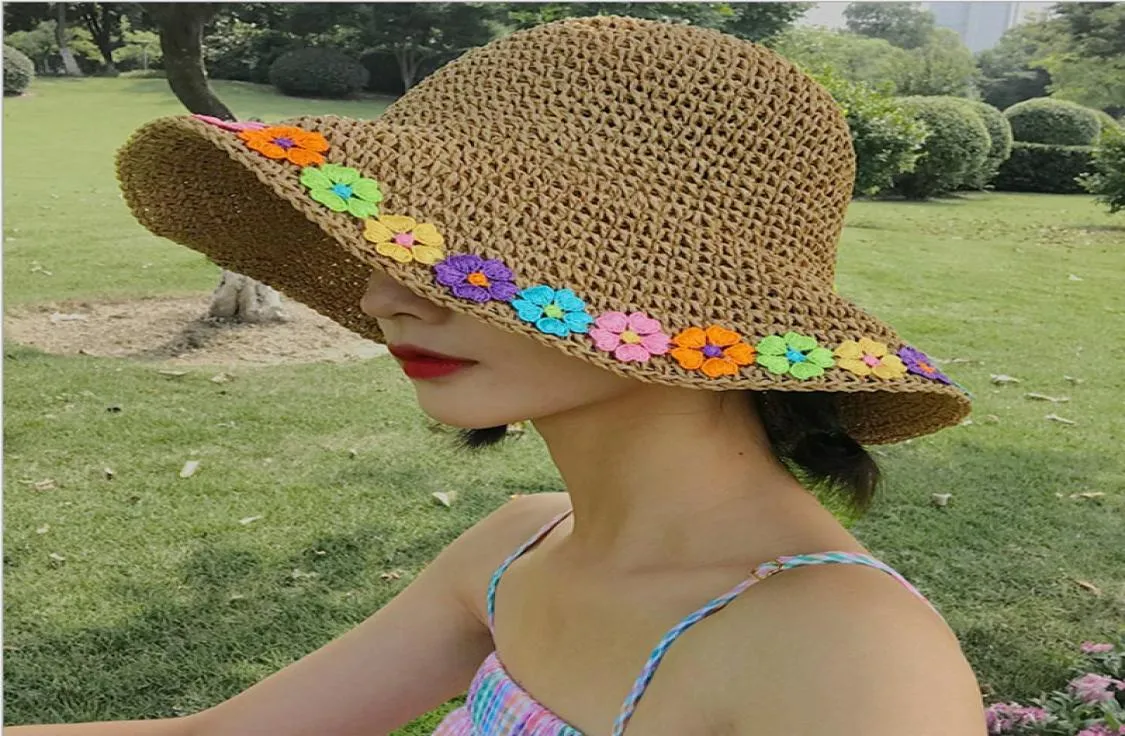 Summer Hats For Women Colorful flowers Handmade Straw Hat Foldable Panama Beach Hat Ladies wide brim Sun Chapeu Feminino3382646