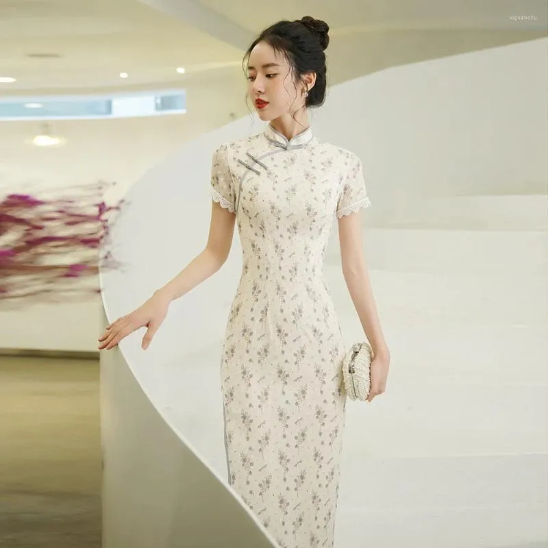 Etnische kleding vrouwen beige cheongsam bloemen korte mouw vintage chiffon jurk lente slanke elegante qipao -kant s tot 3xl