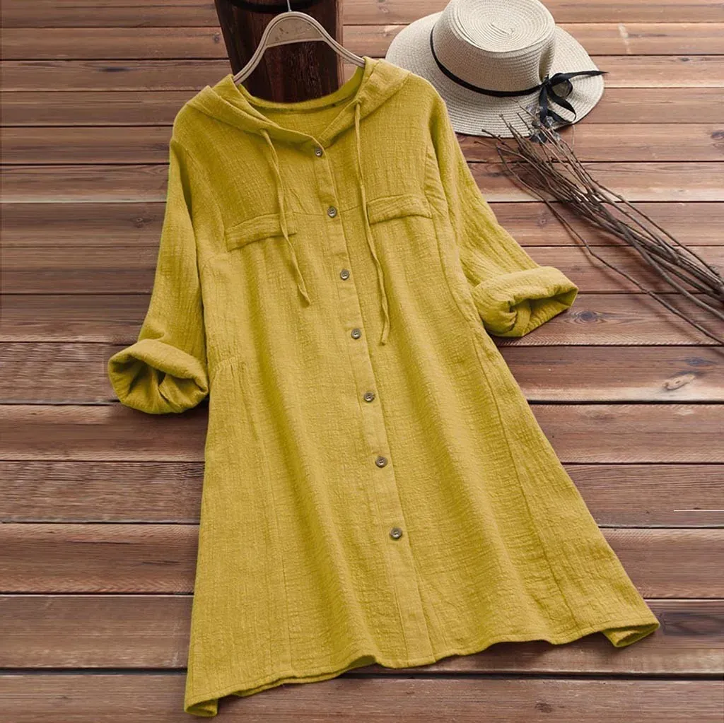 Bluz Kadınlar bluzlar Vintage pamuk keten düğme gömlekleri yaz uzun kollu gündelik kapüşonlu üstler ve bluzlar artı beden gömlekleri tunik m5xl