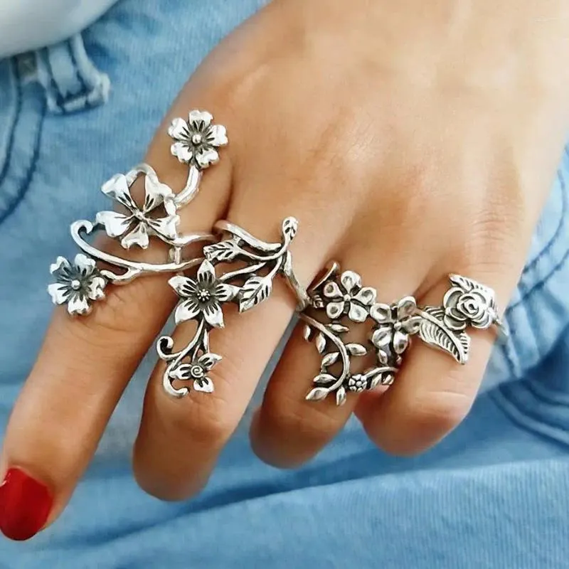 Cluster Rings Vintage Boho Jewelry Rose Flower для женщин Anillos Mujer Bohemian Antique Silver Color Midi Floral Cringle Кольцо