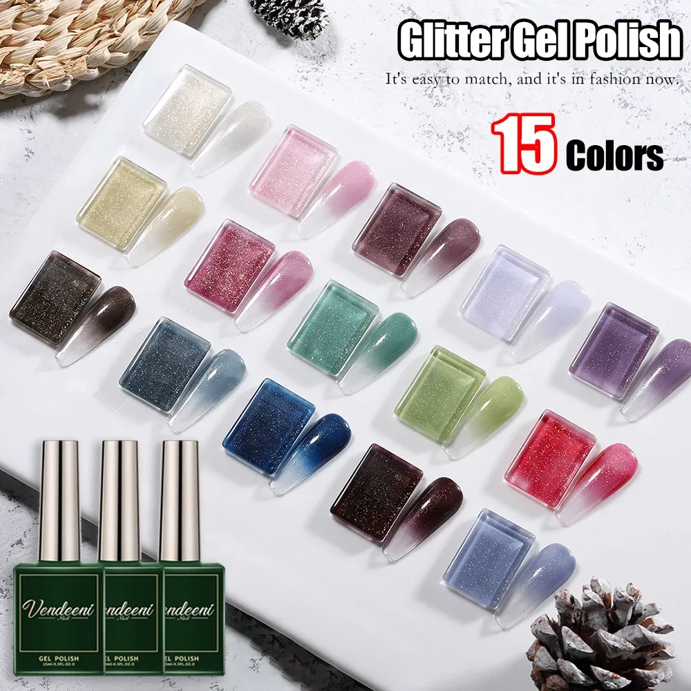 Kits Vendeeni 15 Colors/Set Glitter Gel Nail Polish Shiny Gold Powder UV LED Soak Off Gel Varnish Manicure Nail Art Gel Lacquer 15ml