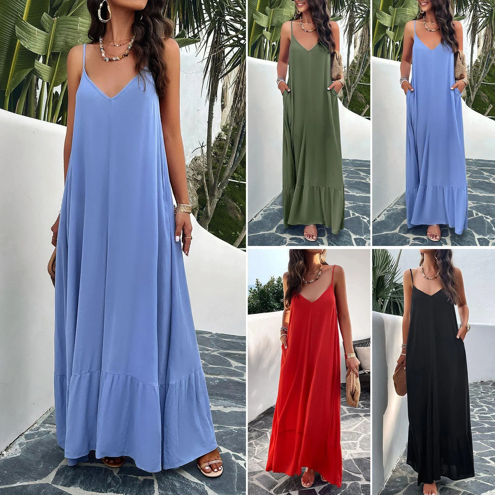 Womens Spring And Summer Elegant Solid Color Strap Dress