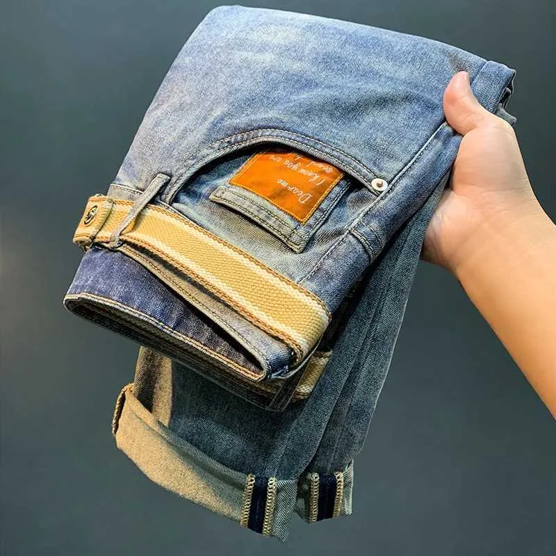 Мужские джинсы мужские джинсы Spring 2024 Высокая вышивка Американские повседневные брюки, производимые с прямыми трубами, ультратонкими.