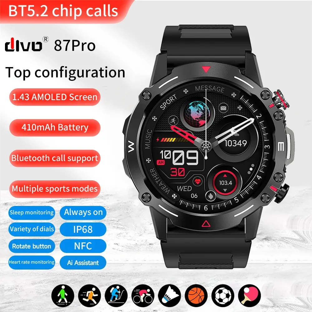 Montres Divo Smartwatch Men Women 2023 Totch Full Touch AMOLED Sport Sport Fitness Watch Man IP67 Bluetooth Smart Watch plus imperméable
