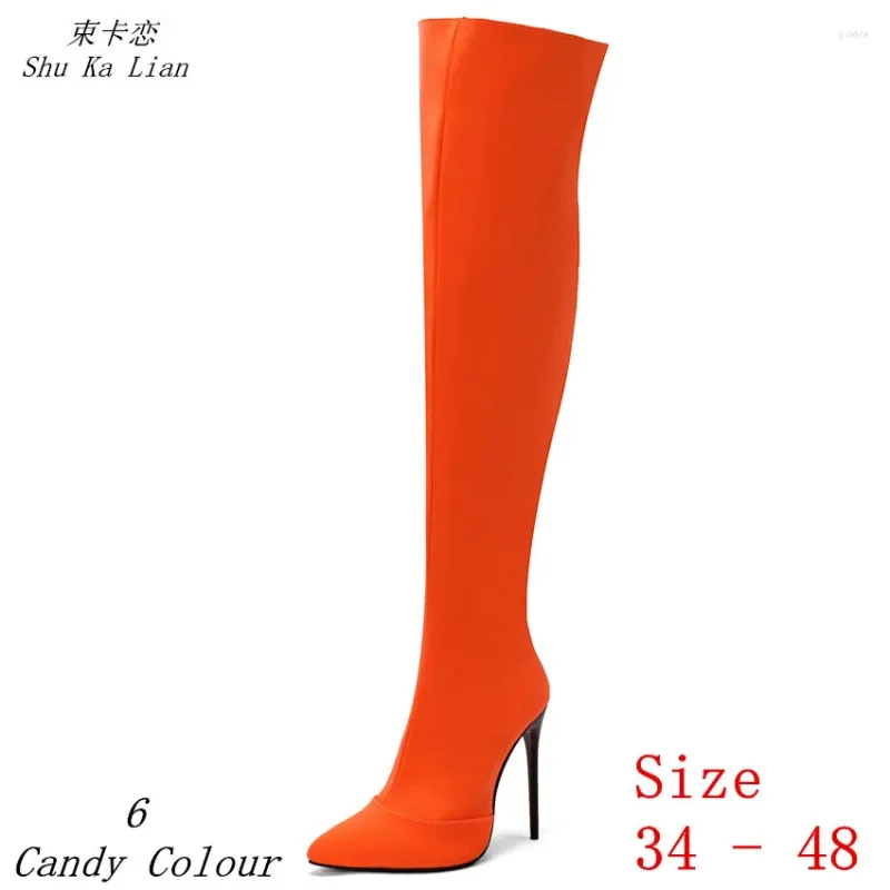 Buty wiosenne jesień kobiety nad kolanem długie 12 cm buty na obcasie 6 Candy Kolor Woman Plus Size 34-48