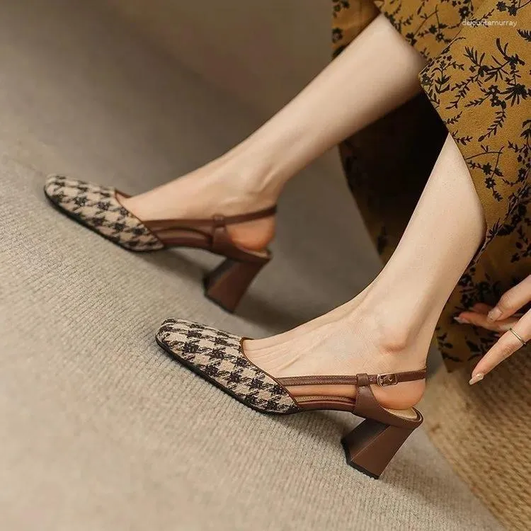 Dress Shoes Vintage Thick Heeled Baotou Sandals Spring Square Toe Back Hollow High Heels Women's Foreign Trade Wholesale