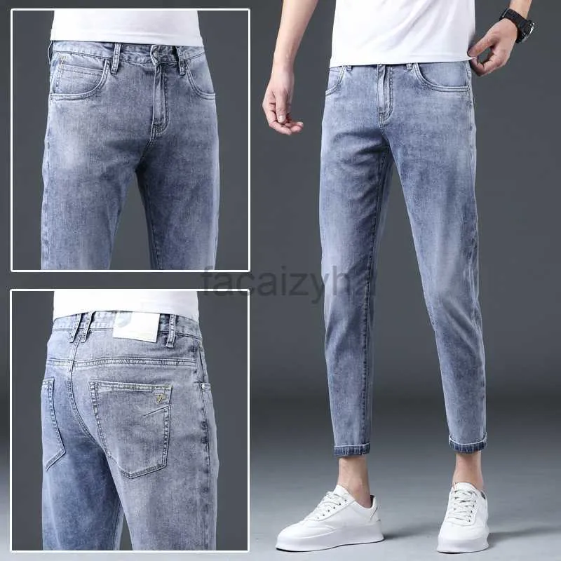 Men's Jeans Spring/Summer New Men's Jeans Youth Elastic Feet Pants Light Blue Men's Nine Point Denim Plus Size Pants