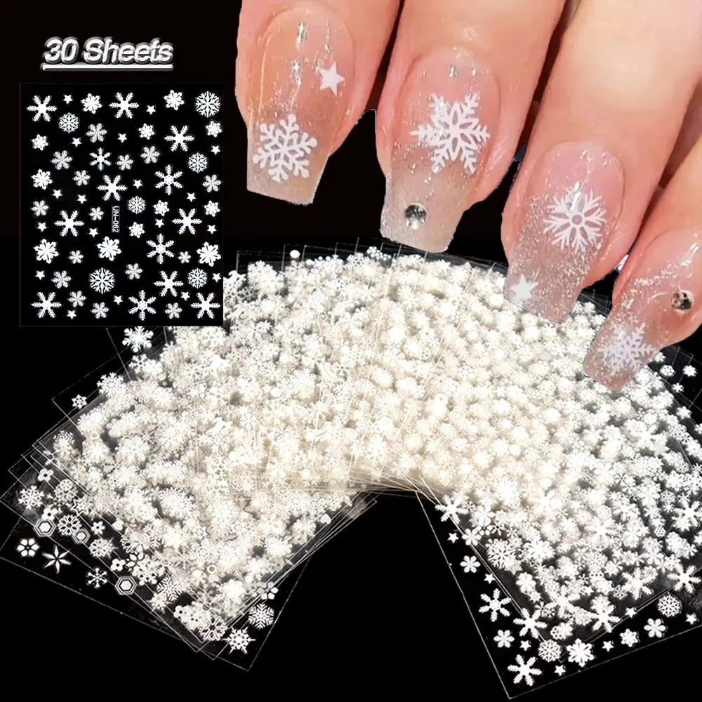 30 Sheets Christmas Nail Art Stickers Self Adhesive 3D White Snowflake Decals Xmas Supplies Manicure Sliders 240425