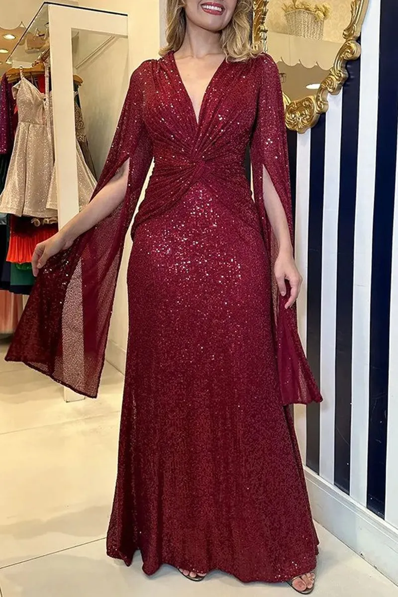 Holiday Party Dress Sexy Formal Solid Sequins Fold V Neck A Line Dresses(Burgundy/M) Holiday Party Dress Sexy Formal Solid Sequins Fold V Neck A Line Dresses(Burgundy/M)