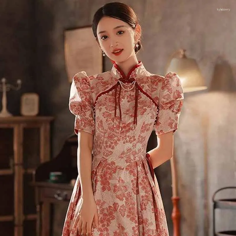 Vêtements ethniques 2024 Robe de toast à la mariée printanière Imprimé style chinois Qipao Fashion Bubble Sleeves Party Party Engagement Vestidos élégants