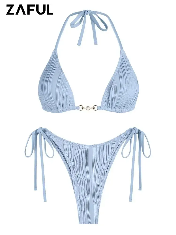 Set Zaful Women's Halter Textured Bikini Set Tie Side Cheek String Swimewear Triangle Baddräkt High Leg Bathing Suit 2023 Beachwear