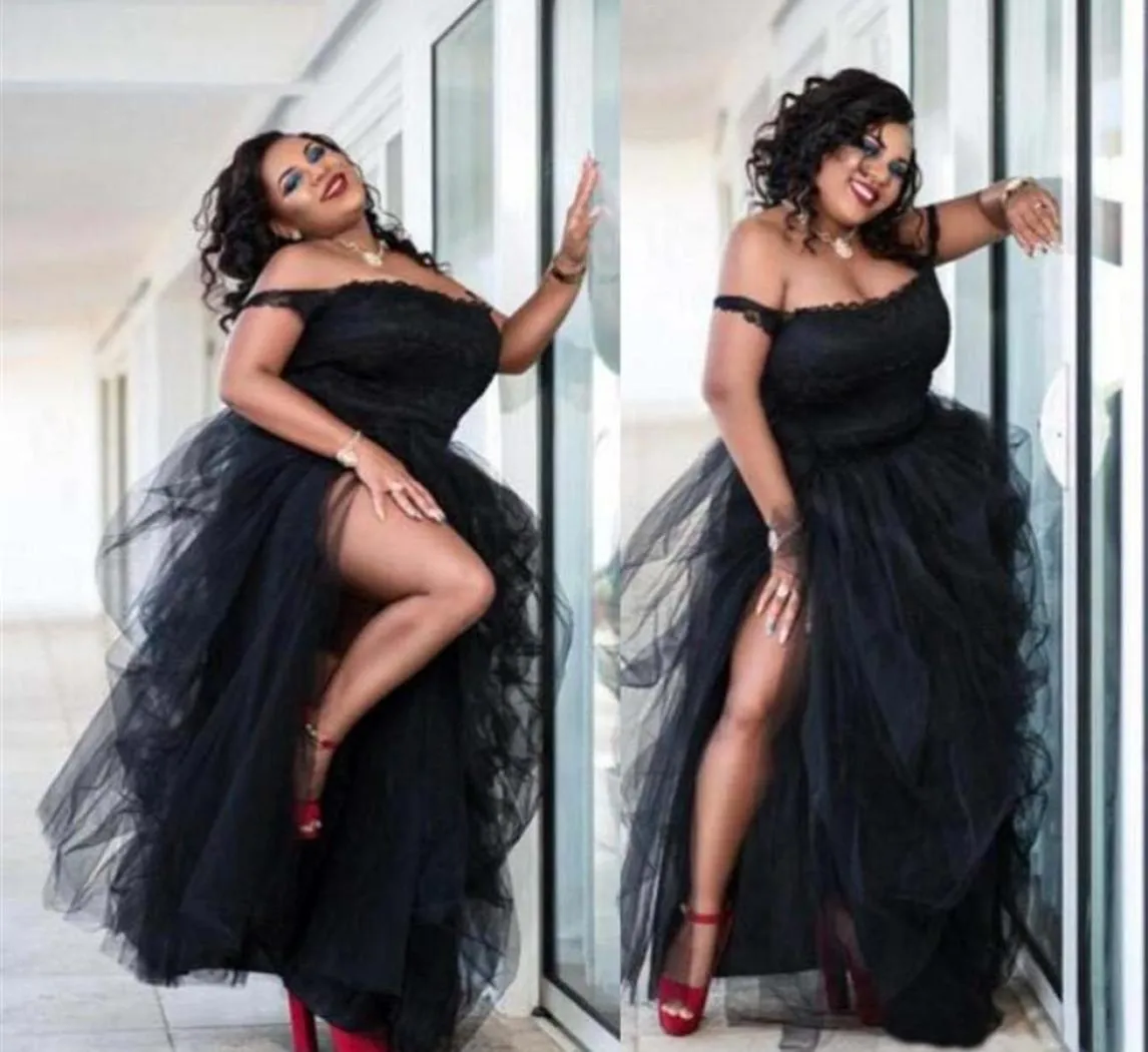 Black Plus Size Robes Robes Side Split Tutu tulle de l'épaule robes de fête bon marché Femmes Formes Portez sexy African Evening Gow5618349