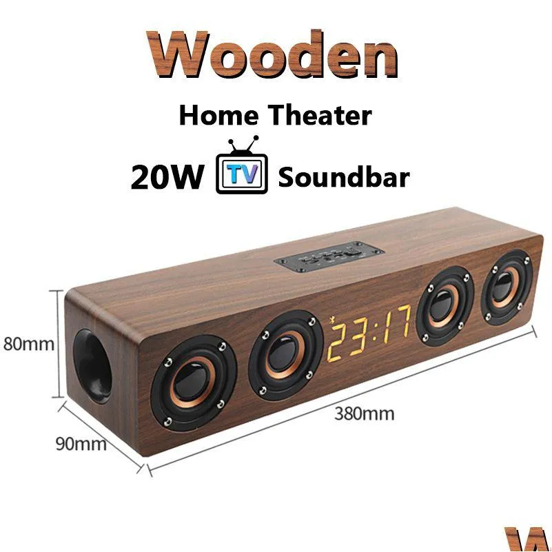 Portable Speakers 20W Wooden Tv Soundbar Bluetooth Speaker Wireless Column Home Theater Bass Stereo Mti-Function Subwoofer With Tf F Dhahk