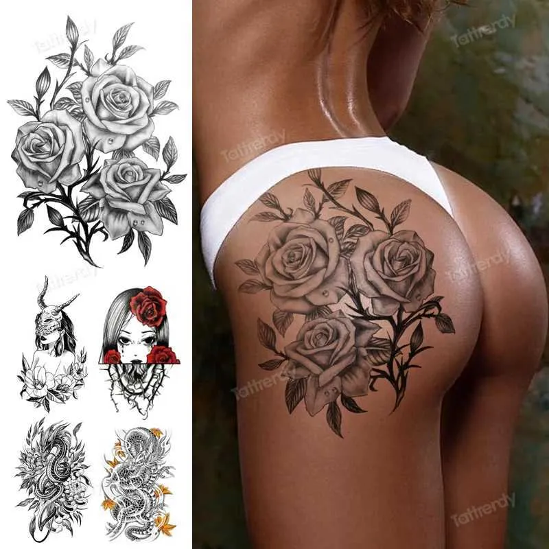 Tatouage Transfert Sketch Flowers Black Tattoo Tattoo Autocollants imperméables Bran à cuisse Corps Tatouage Collège Anime Snake Fox Lion Dark Designs Femmes 240426