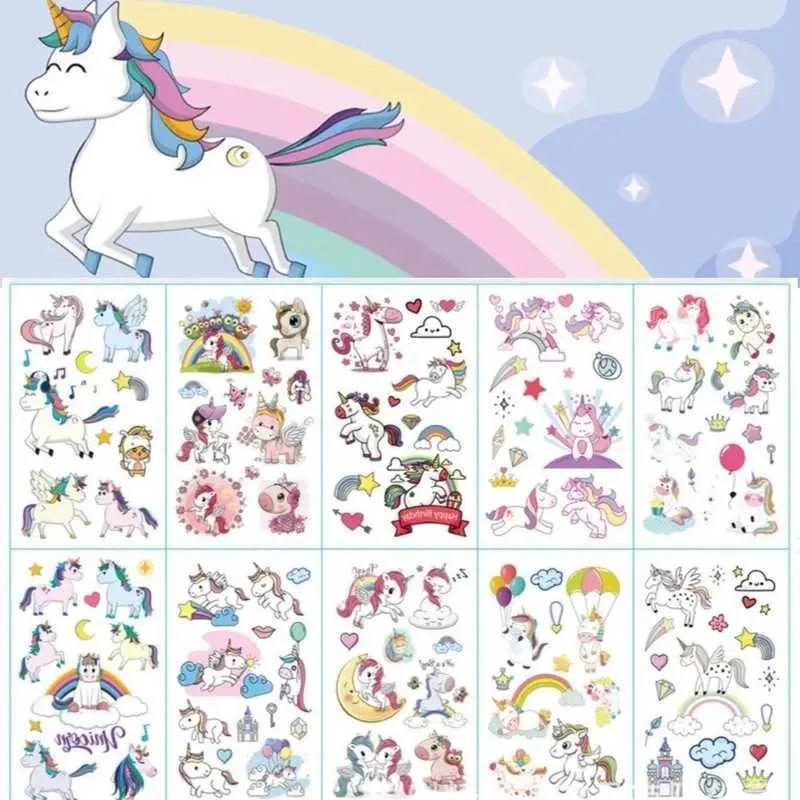 X49i Tattoo Transfer 10pcs Cartoon Unicorn Tattoo Set Temporäres Tattoo süße Farbe gefälschte Tattoo Aufkleber Körper Tatoo für Kinder wasserdichte Kinder Tattoos 240427