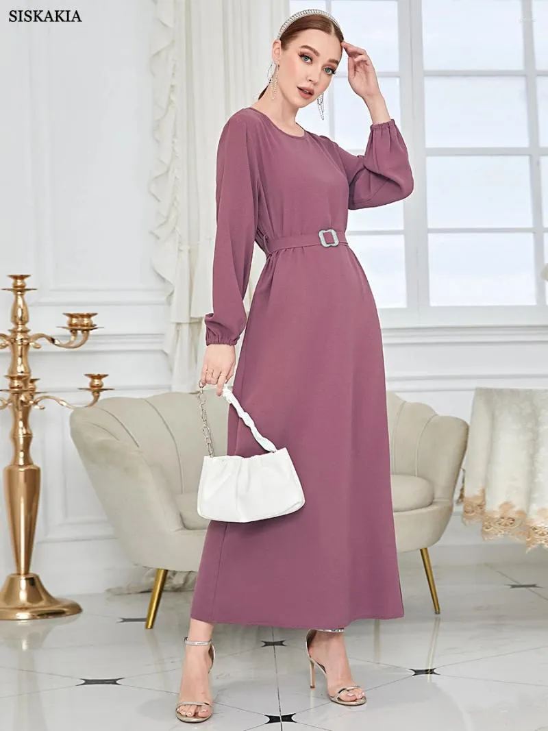 Casual Dresses Siskakia Marockan Caftan Female Chic Solid Crew Neck Lantern Sleete Beleted Clothing Muslim Elegant Women aftonklänning