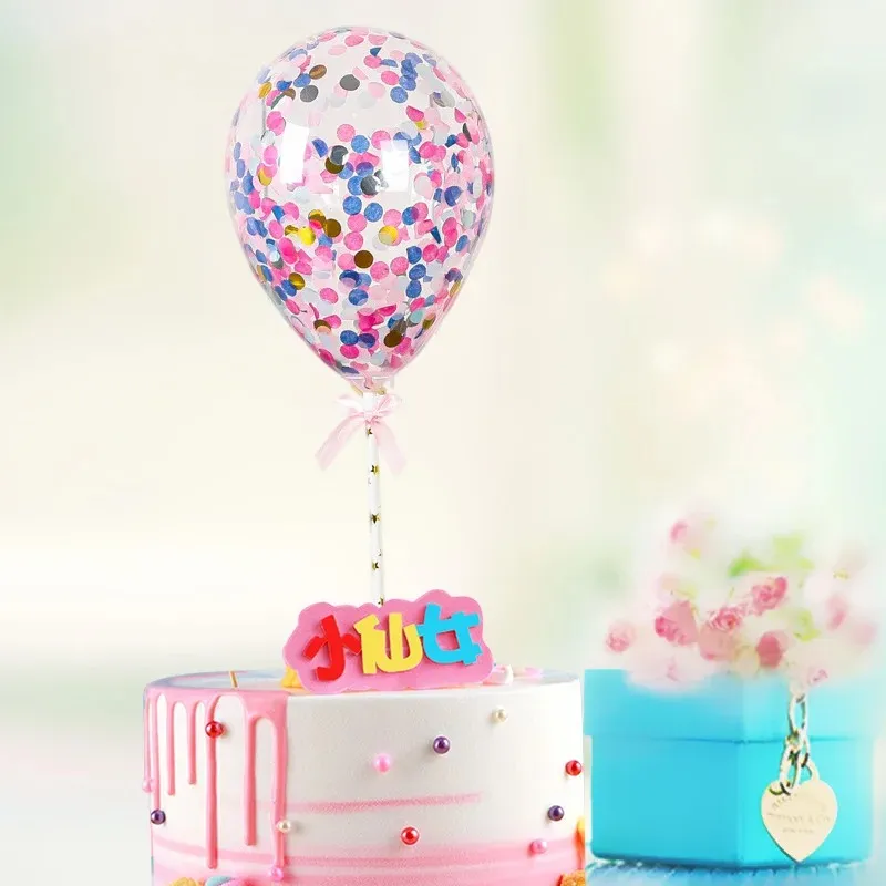5inch Confetti Balloon Cake Topper Dekoration med pappersstrå Bow Baby Shower Favors Bröllop Födelsedagsfest