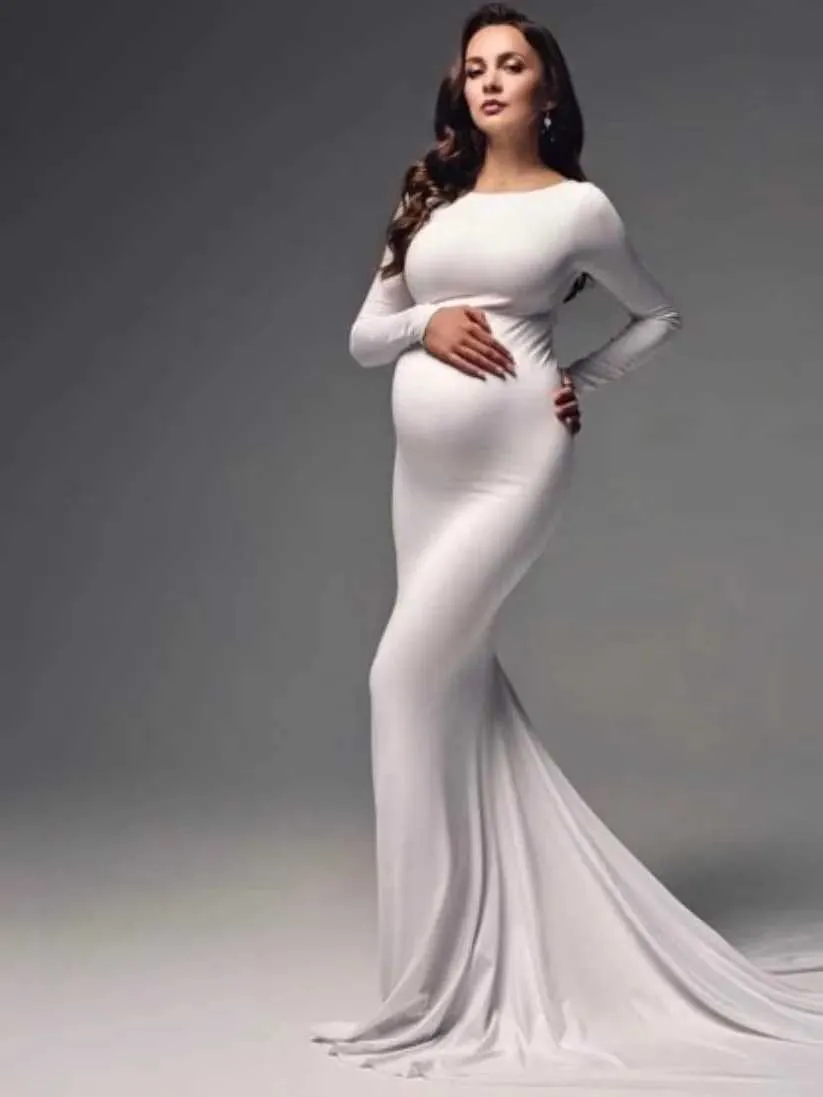 Moderskapsklänningar vit gravid kvinna fotografering props klänning rund nackfotografering fisktail lång baby shower q240427