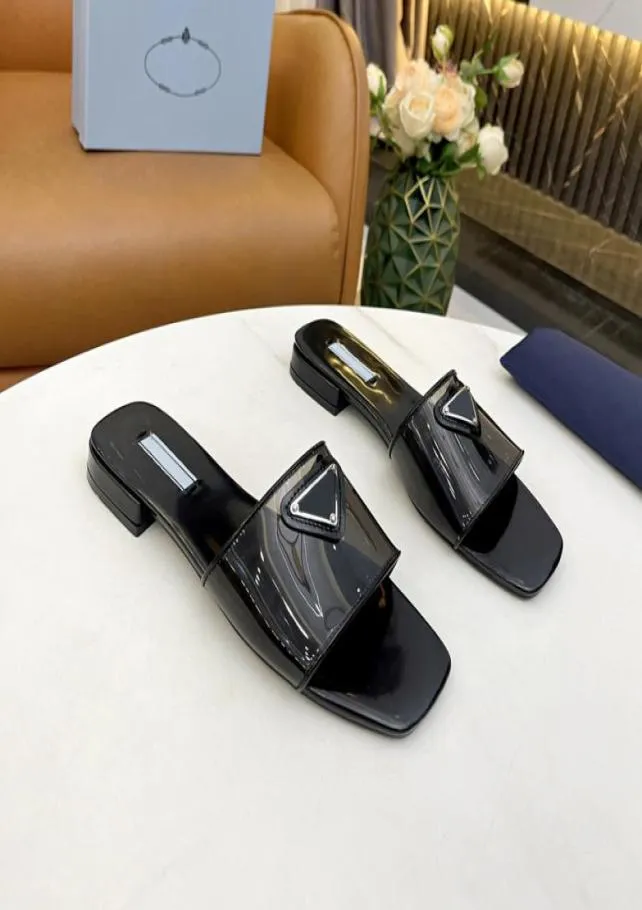 Med Box Black White Transparent Flat Slide Slippers for Women Leather Slides Sandaler Fashion Casual Mules Summer Beach Pool9153335