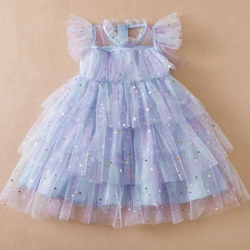 Flickans klänningar tjej paljett regnbåge prinsessan klänning 3 6 8 år fancy barn mesh fest kakkläder småbarn tjej sommar ny födelsedagsdräkt