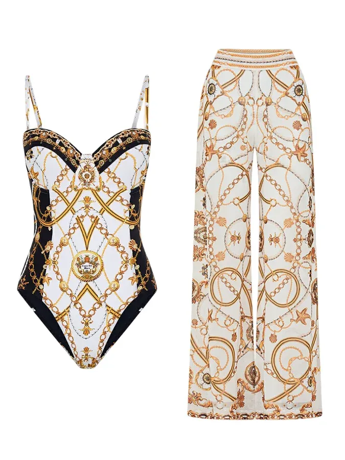 Ställ in Courtl Vintage Gold Print Onepiece Bikini Badkläder Kostym Sexig Fashion Slim Fit Swimsuit med långa byxor Beach Holiday 2024