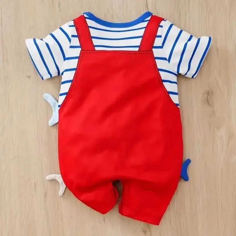 Rompers Summer Fashion Baby Koszyb z krótkim rękawem Fałszywy dwuczęściowy rekinowy chłopiec i dziewczyna kombinezon24f