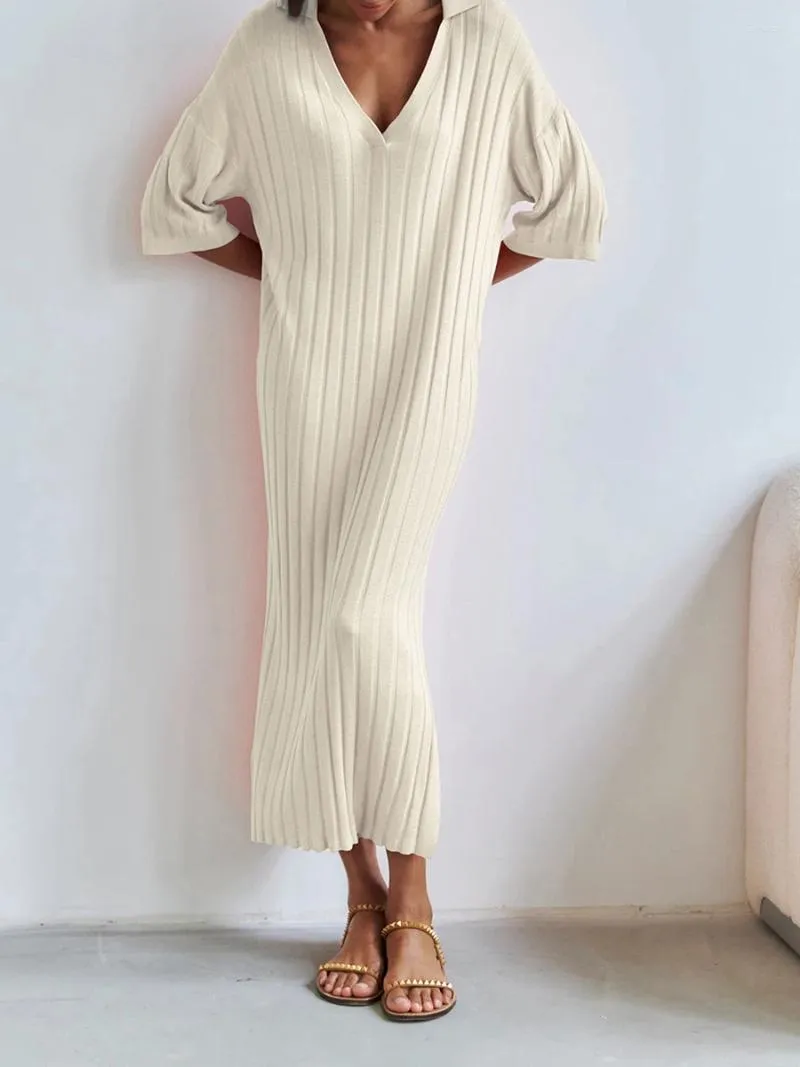 2024 Trendy Ribbed Midi Dress for Women - Half Sleeve, Collared V-Neck, Knit, Loose Fit, Solid Color, Side Slit Sweater