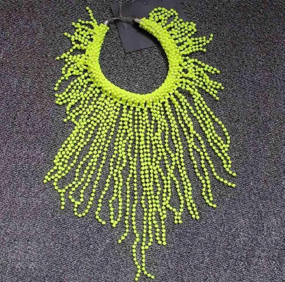 Handmade In Stock European Fashion Neon Yellow Statement Women Long Chokers Star Chunky Tassels Chains Beading Necklace233Y7038229