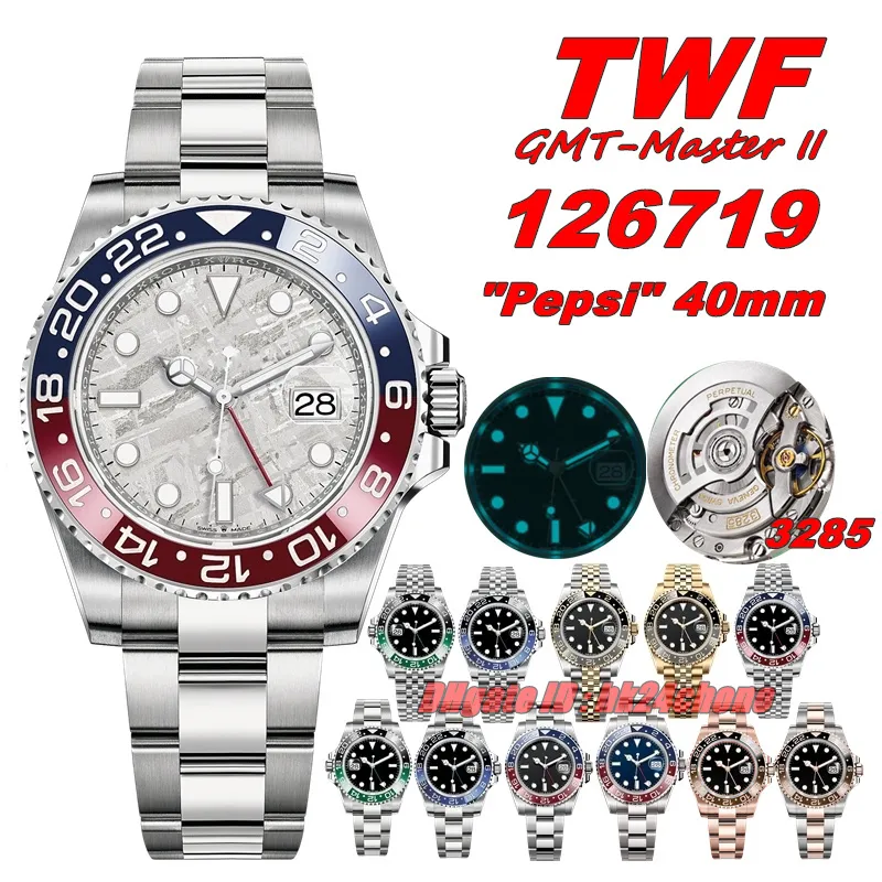 TWF Luxe horloges TW 40mm 904L 126719 Datum Gmtmaster II "Pepsi" 3285 Automatische heren Watch Sapphire Gray Dial Roestvrij stalen armbandheren Polshorgels