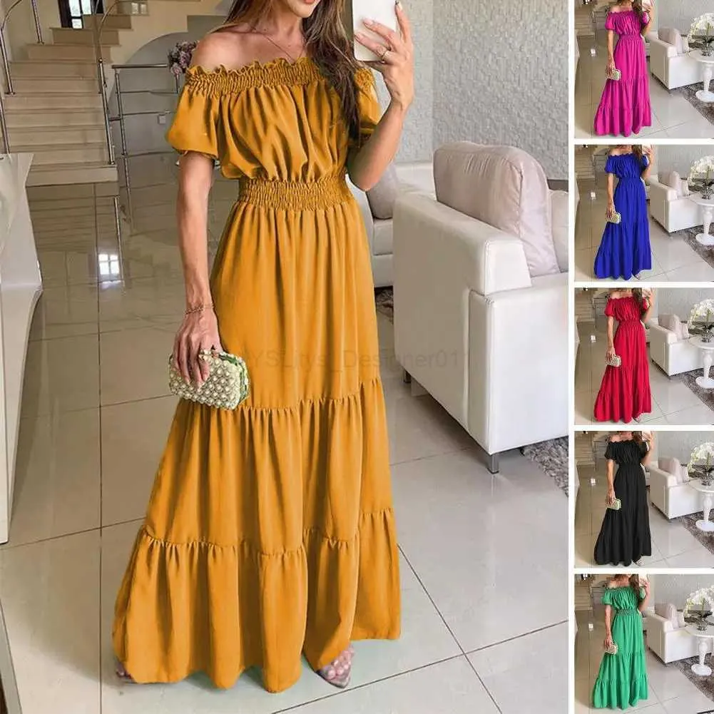 Urban sexy jurken maxi boho jurk streetwear puff korte sles elastische taille strand jurk stiksel grote zoom a-line high-taist zomer off shoude d240427