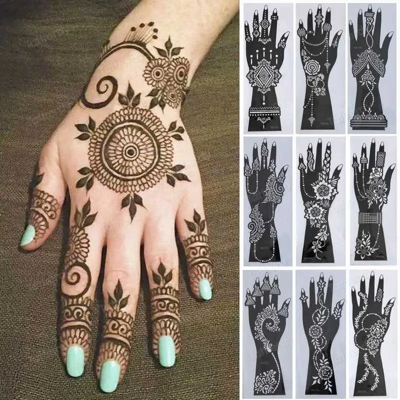 Tattoo Transfer 1Pair Hand Sleeve Temporary Tattoo Stencil Henna Lace Mandala Tattoo Spray Paint Templates Leaf Lotus Flowers Tattoo Sticker 240426