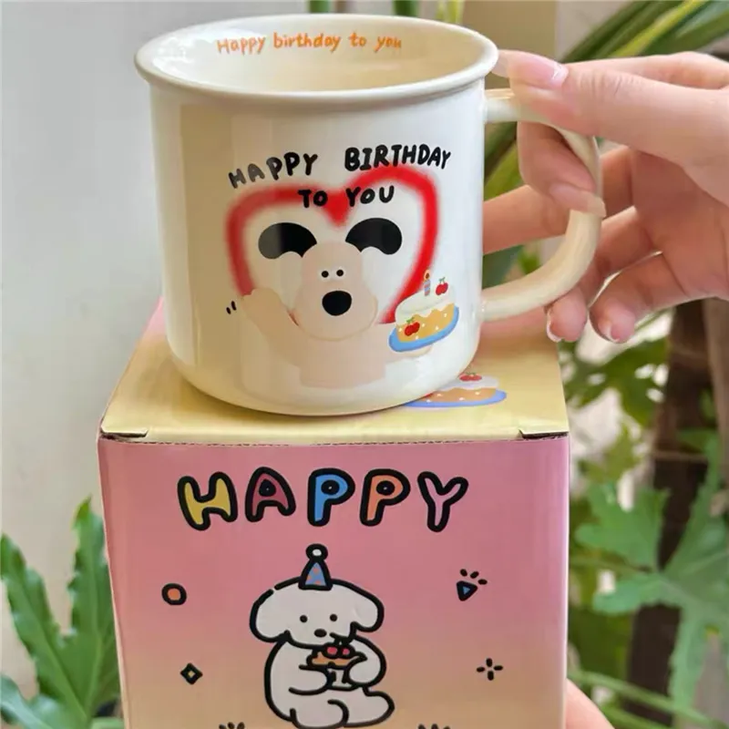 Geschenkdoos set ~ Originele ins -stijl schattige cartoon crème puppy keramische beker gelukkige verjaardag mok paar waterbeker