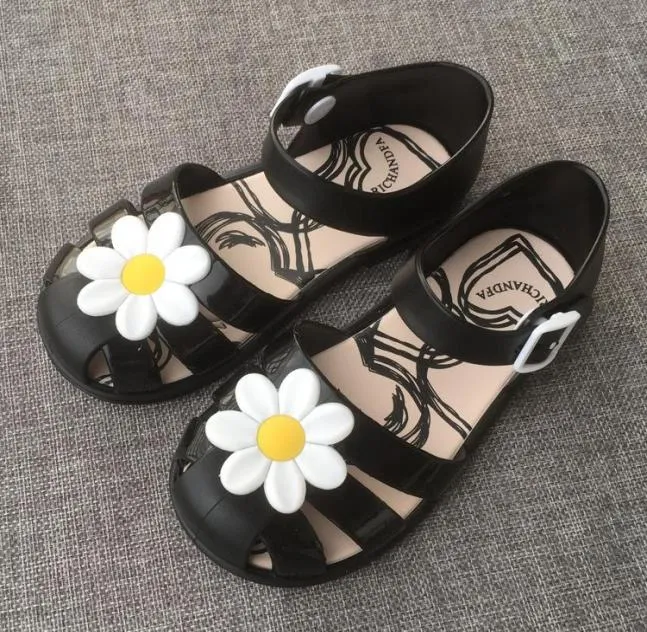 Blomma skor vår sommar gelé sko sandaler baotou flicka icke-halk barn sandal småbarn svart färg1463484