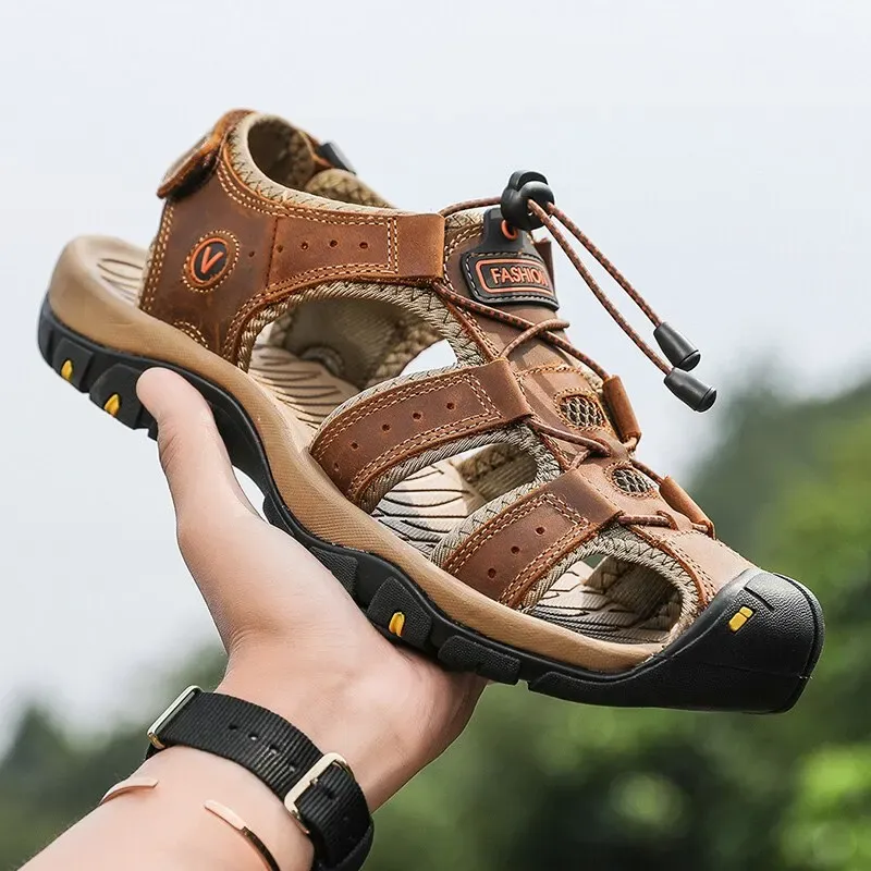 Botas de couro genuíno sandálias de verão sapatos masculinos de sapatos de água ao ar livre sandálias de couro para homens