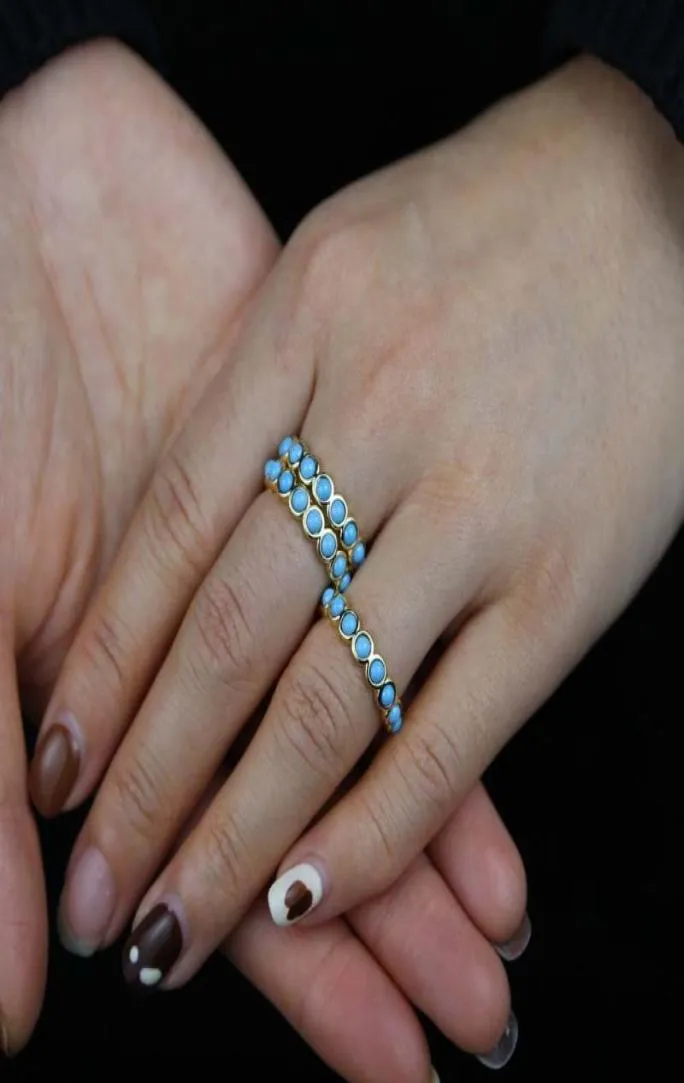 Cluster anneaux de lunette ensemble géométrique rond bleu turquoises en pierre d'éternité bande anneau ringscluster9030083